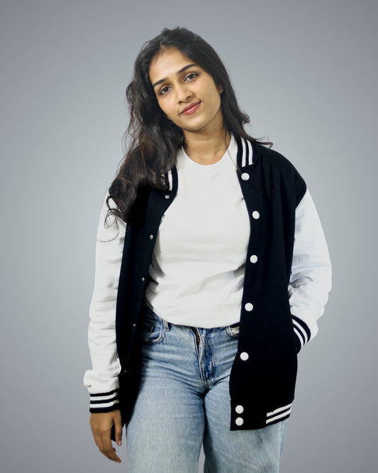 Black Regular Fit Zero Varsity Jacket For Women
