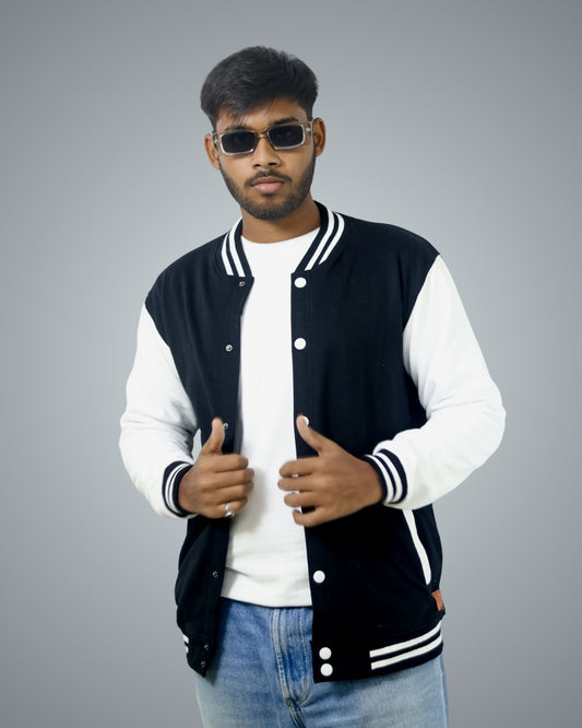 Black Regular Fit Zero Varsity Jacket For Men