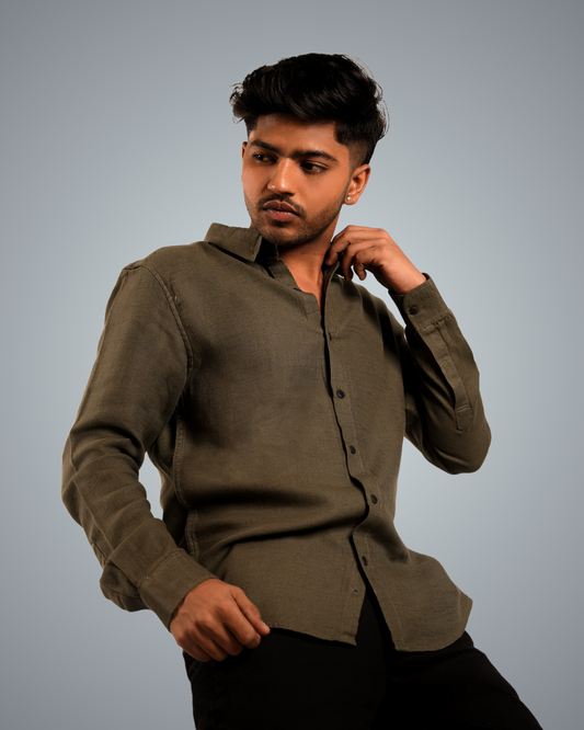Olive Green Linen Regular Fit Shirt