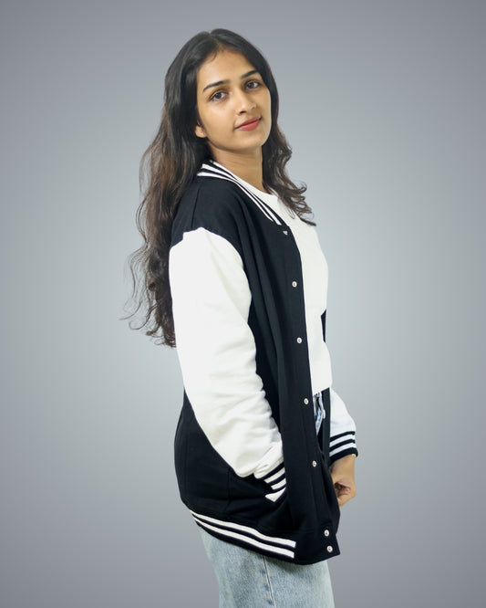 Black Regular Fit Zero Varsity Jacket For Women