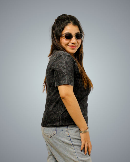 Acid Wash - Black Regular Fit Tshirt For Women