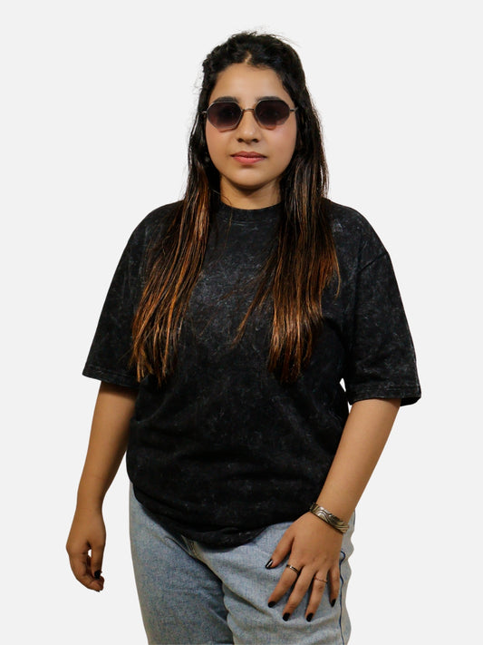 Black Acid Wash Oversized T-Shirt For Women