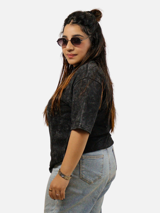 Black Acid Wash Oversized T-Shirt For Women