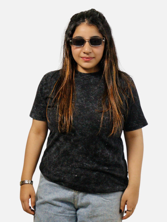 Black Acid Wash Regular Fit T-Shirt For Women