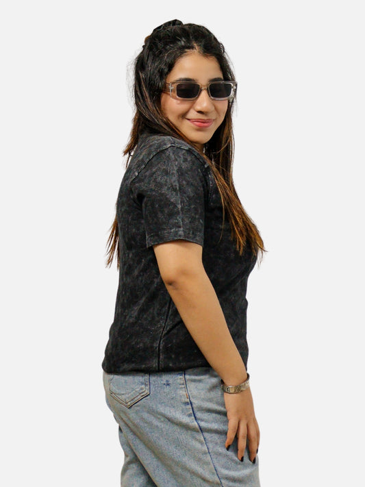 Black Acid Wash Regular Fit T-Shirt For Women