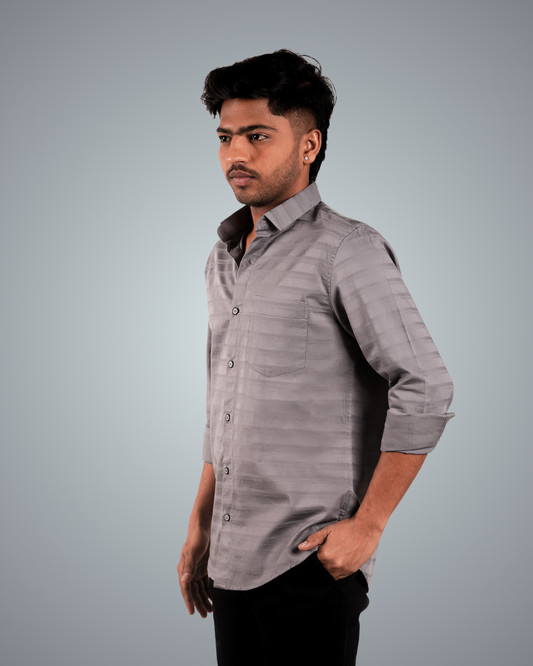 Grey Uneven Stripe Regular Fit Shirt