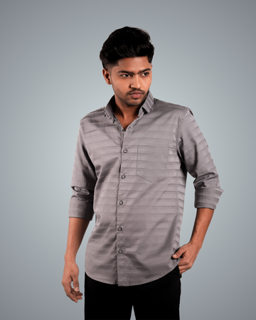 Grey Uneven Stripe Regular Fit Shirt