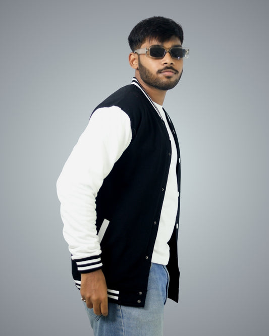 Black Regular Fit Zero Varsity Jacket For Men