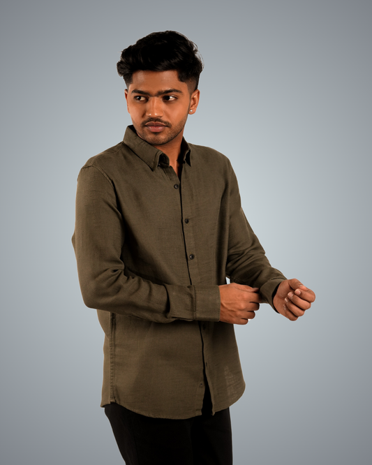 Olive Green Linen Regular Fit Shirt